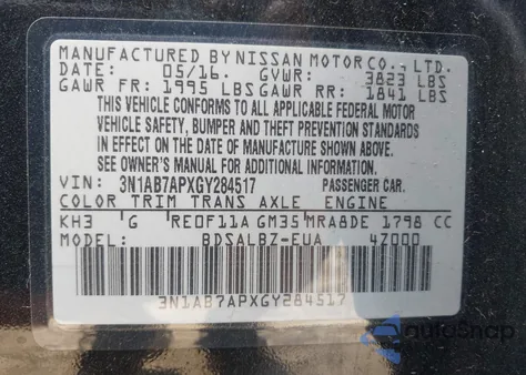 2016 Nissan Sentra S from USA, damaged, VIN 3N1AB7APXGY284517